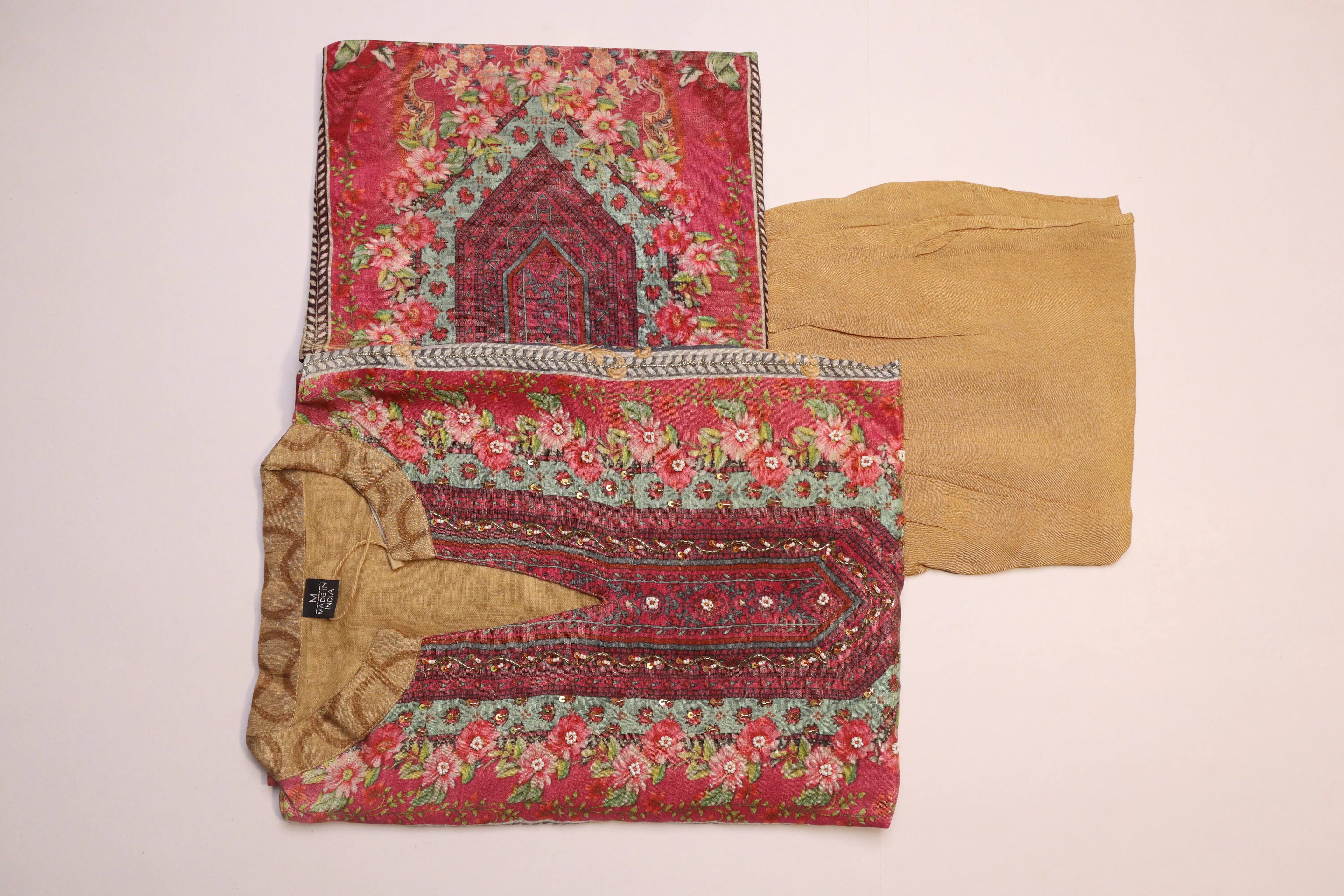 Beige Muslin Silk With Digital Print And Stone Work – 3 Piece Set