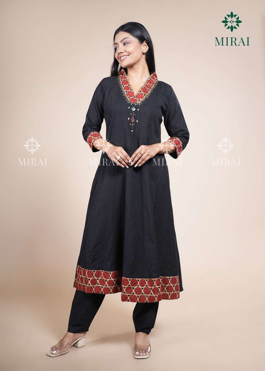 3-Piece Cotton Anarkali Set With Block Print And Mirror Work-Black & Rust