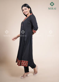 3-Piece Cotton Anarkali Set With Block Print And Mirror Work-Black & Rust
