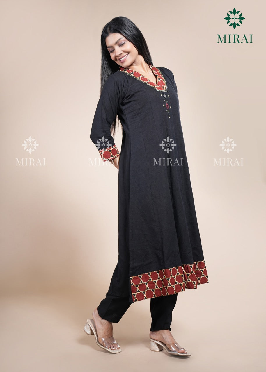 3-Piece Cotton Anarkali Set With Block Print And Mirror Work-Black & Rust