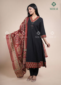 3-Piece Cotton Anarkali Set With Block Print And Mirror Work-Black & Rust