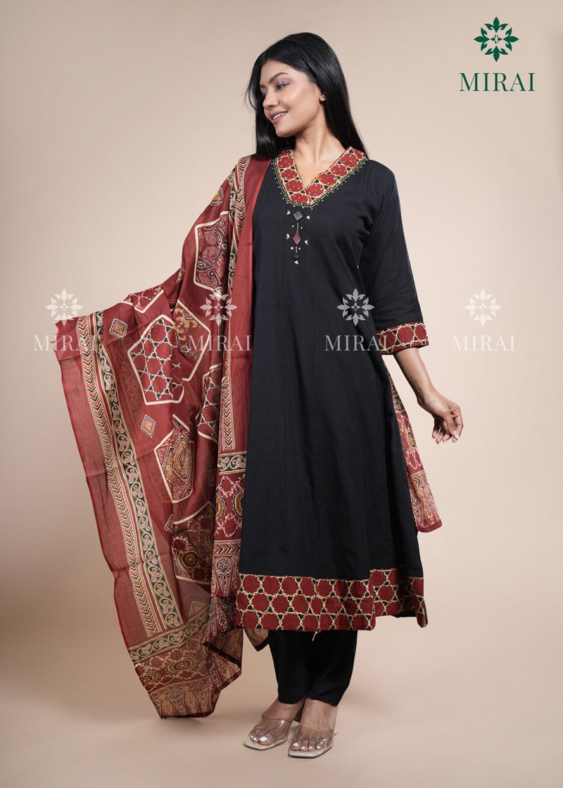 3-Piece Cotton Anarkali Set With Block Print And Mirror Work-Black & Rust