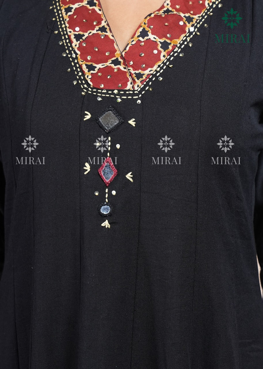 3-Piece Cotton Anarkali Set With Block Print And Mirror Work-Black & Rust
