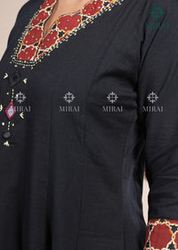 3-Piece Cotton Anarkali Set With Block Print And Mirror Work-Black & Rust
