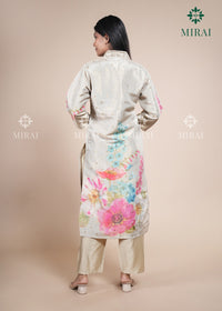 3-Piece Tissue Set With Handwork & Digital Print Organza Dupatta-Beige & Yellow