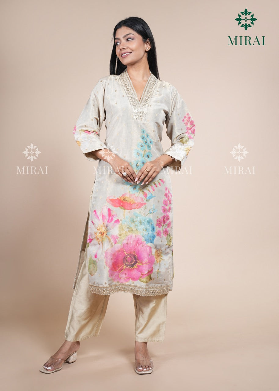 3-Piece Tissue Set With Handwork & Digital Print Organza Dupatta-Beige & Yellow