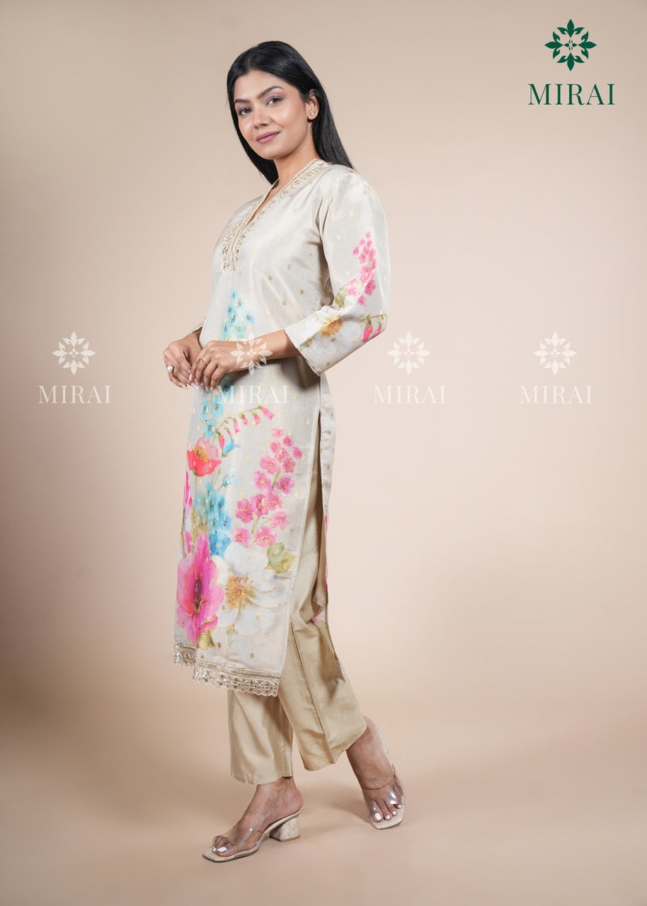 3-Piece Tissue Set With Handwork & Digital Print Organza Dupatta-Beige & Yellow