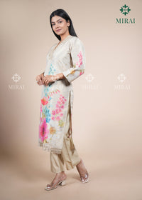 3-Piece Tissue Set With Handwork & Digital Print Organza Dupatta-Beige & Yellow