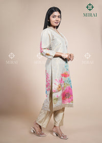 3-Piece Tissue Set With Handwork & Digital Print Organza Dupatta-Beige & Yellow