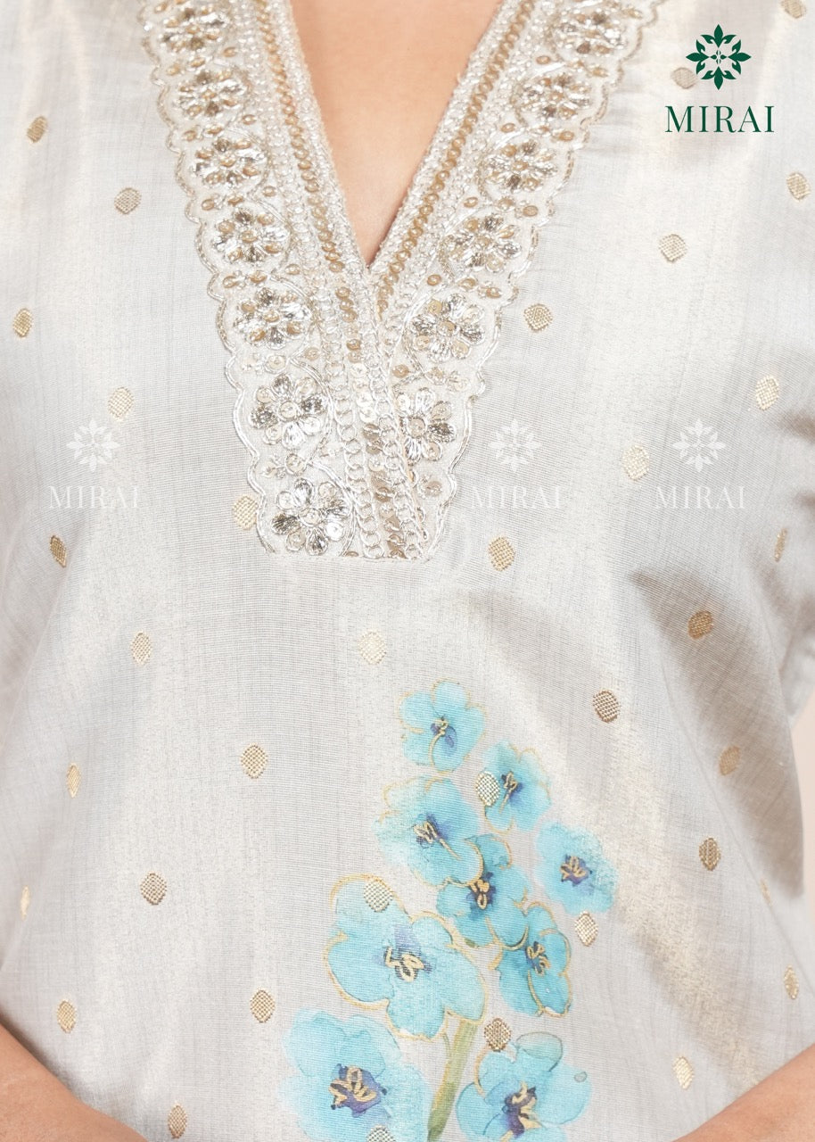 3-Piece Tissue Set With Handwork & Digital Print Organza Dupatta-Beige & Yellow
