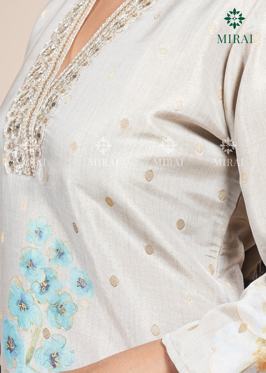 3-Piece Tissue Set With Handwork & Digital Print Organza Dupatta-Beige & Yellow