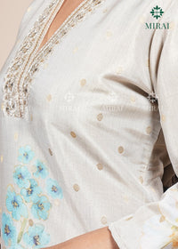 3-Piece Tissue Set With Handwork & Digital Print Organza Dupatta-Beige & Yellow