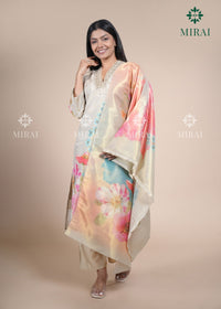 3-Piece Tissue Set With Handwork & Digital Print Organza Dupatta-Beige & Yellow