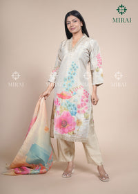 3-Piece Tissue Set With Handwork & Digital Print Organza Dupatta-Beige & Yellow