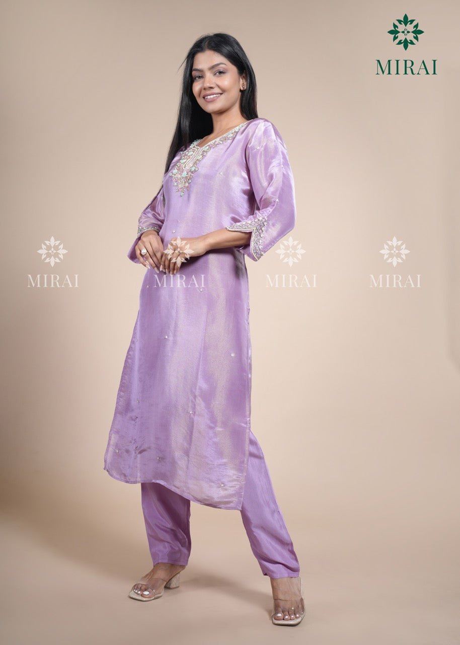3-Piece Set Tissue Silk With Handwork And Banarasi Dupatta-Pastel Lavender