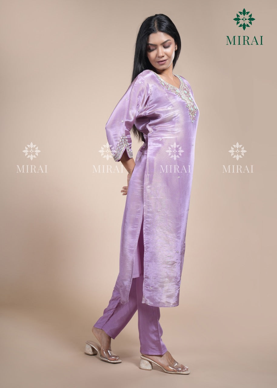 3-Piece Set Tissue Silk With Handwork And Banarasi Dupatta-Pastel Lavender