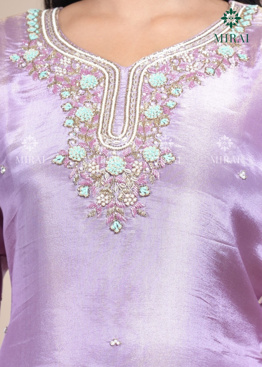3-Piece Set Tissue Silk With Handwork And Banarasi Dupatta-Pastel Lavender