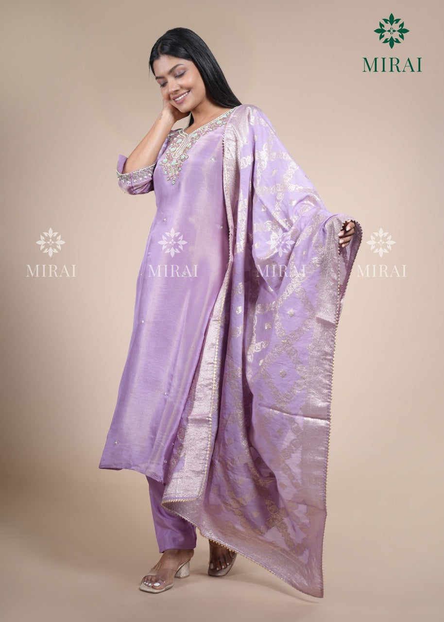 3-Piece Set Tissue Silk With Handwork And Banarasi Dupatta-Pastel Lavender