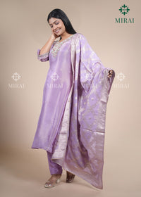 3-Piece Set Tissue Silk With Handwork And Banarasi Dupatta-Pastel Lavender