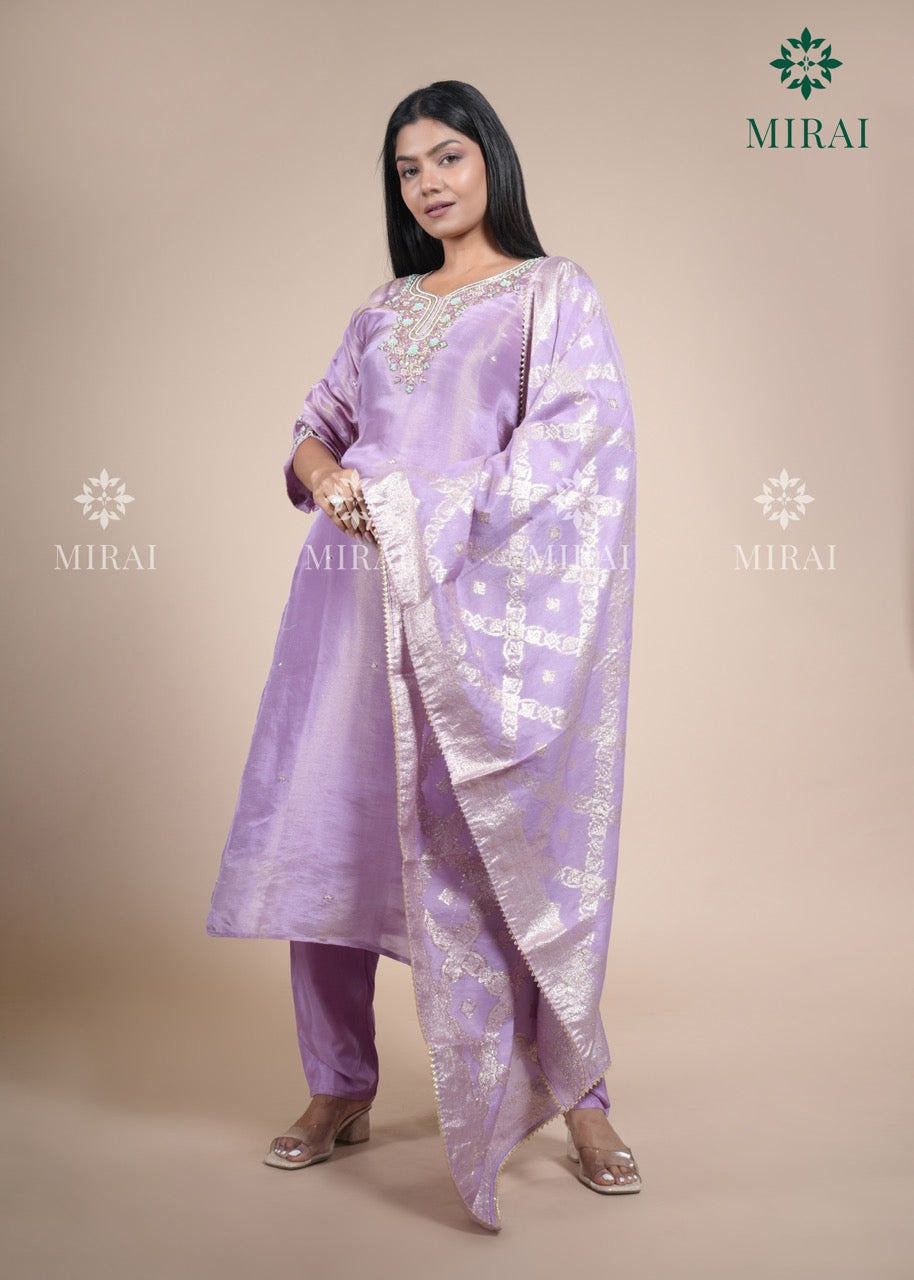 3-Piece Set Tissue Silk With Handwork And Banarasi Dupatta-Pastel Lavender