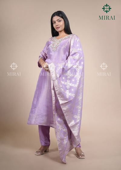 3-Piece Set Tissue Silk With Handwork And Banarasi Dupatta-Pastel Lavender