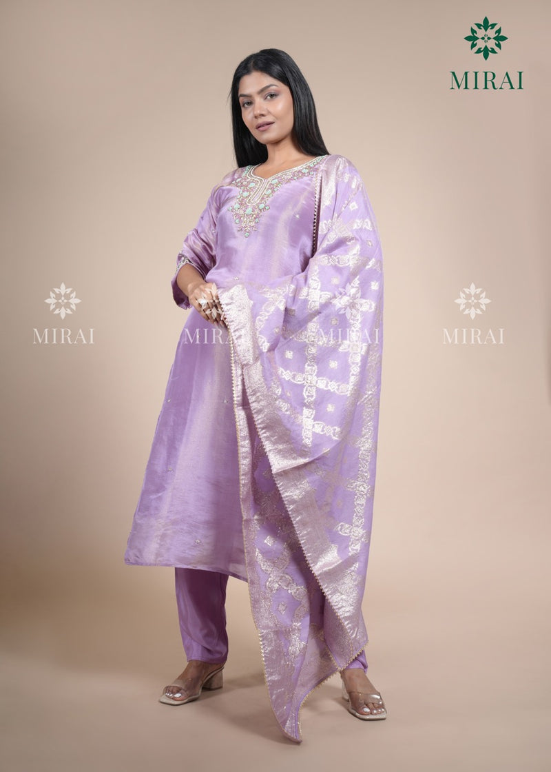3-Piece Set Tissue Silk With Handwork And Banarasi Dupatta-Pastel Lavender