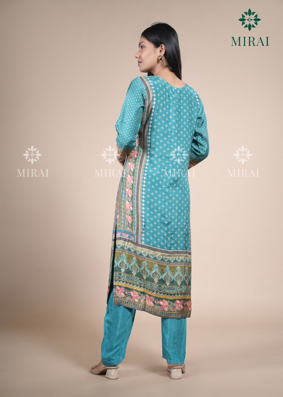 3-Piece Muslin Set With Digital Print And Stone Work-Turquoise