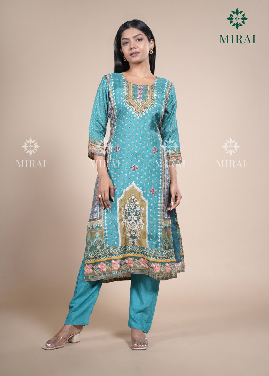 3-Piece Muslin Set With Digital Print And Stone Work-Turquoise