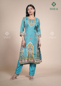 3-Piece Muslin Set With Digital Print And Stone Work-Turquoise