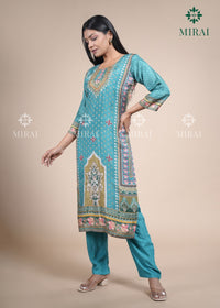 3-Piece Muslin Set With Digital Print And Stone Work-Turquoise