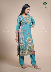3-Piece Muslin Set With Digital Print And Stone Work-Turquoise