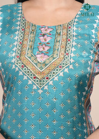 3-Piece Muslin Set With Digital Print And Stone Work-Turquoise