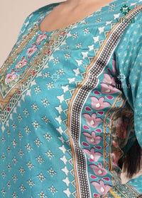 3-Piece Muslin Set With Digital Print And Stone Work-Turquoise