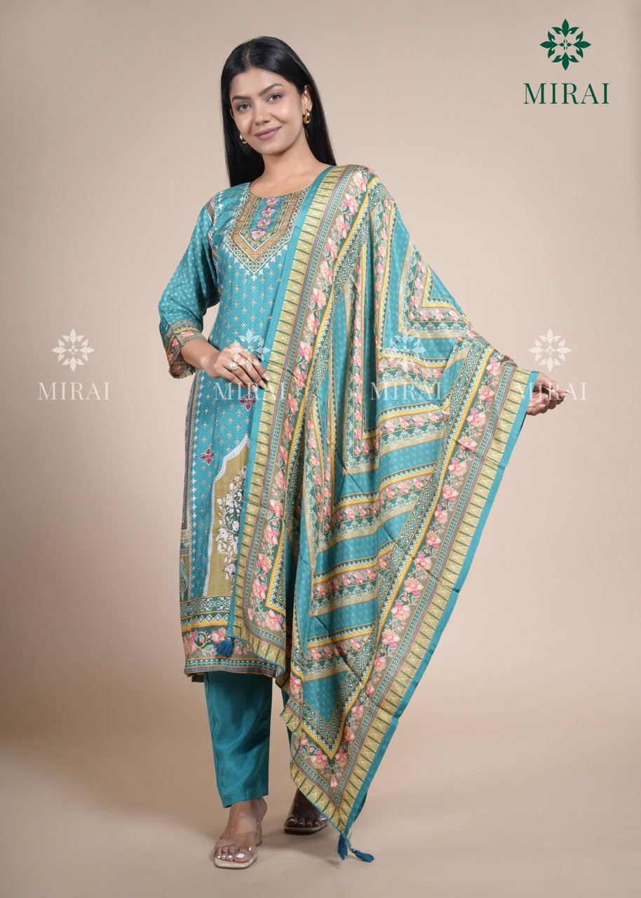 3-Piece Muslin Set With Digital Print And Stone Work-Turquoise