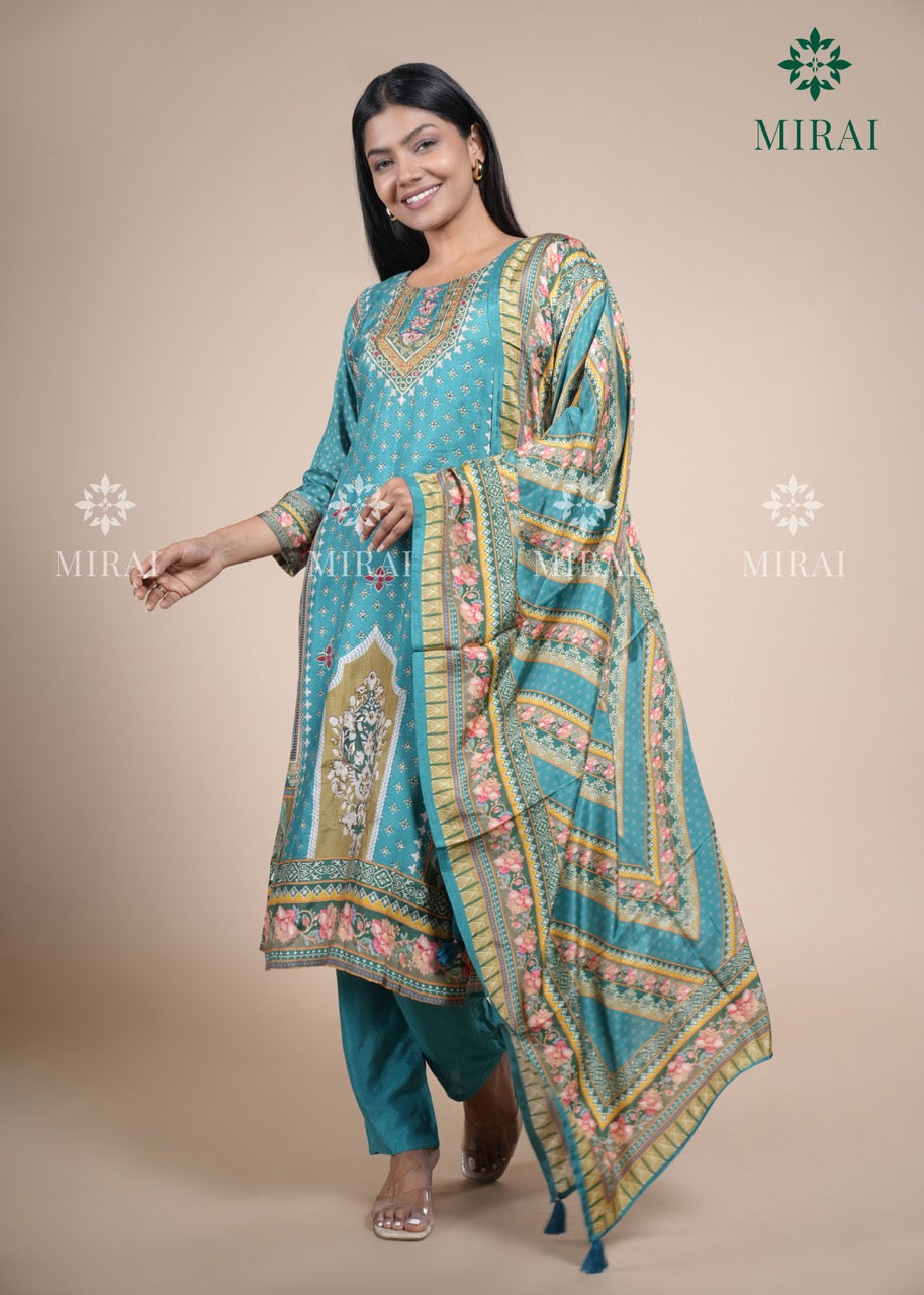 3-Piece Muslin Set With Digital Print And Stone Work-Turquoise