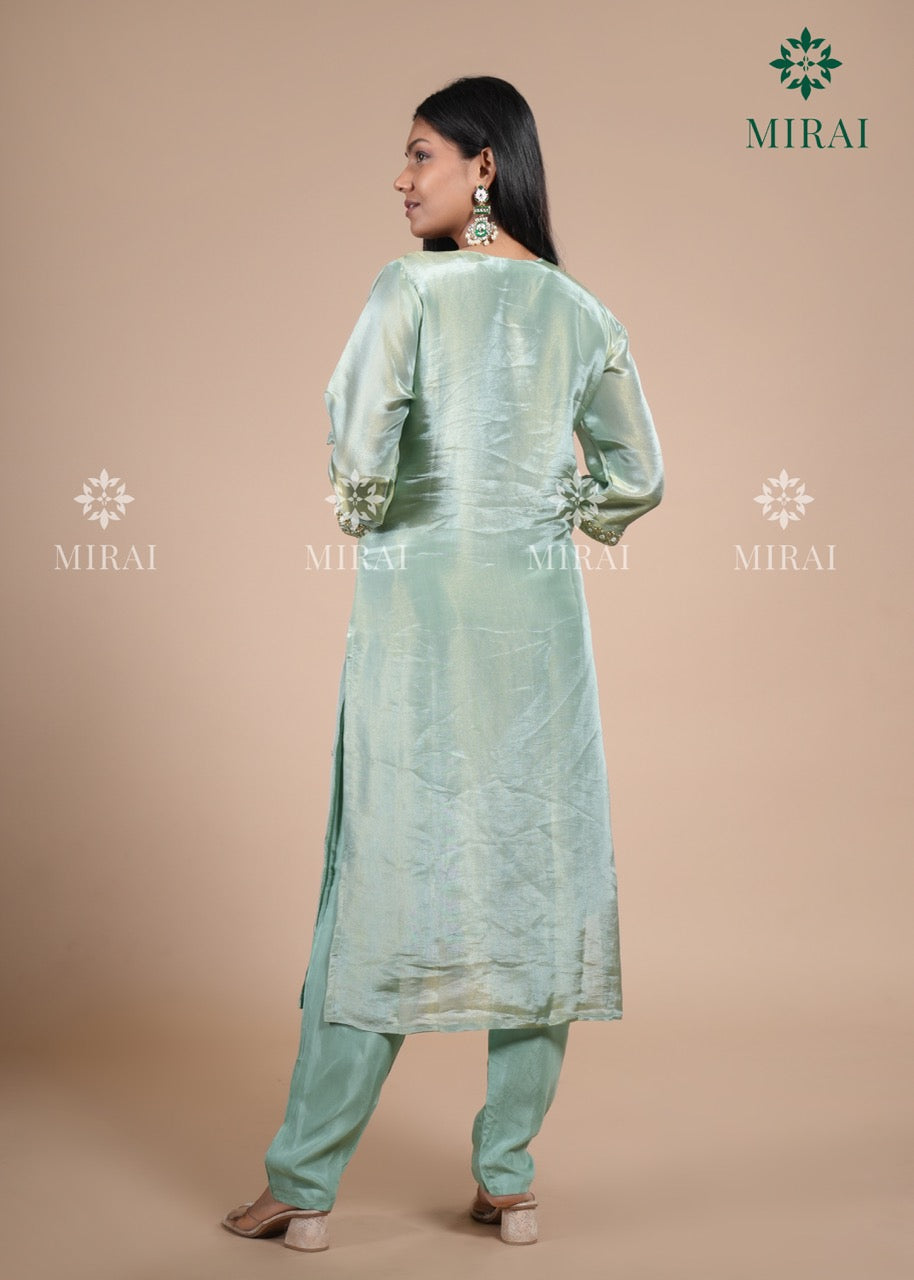 3-Piece Set Tissue Silk With Handwork And Banarasi Dupatta-Sea Green