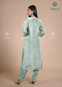 3-Piece Set Tissue Silk With Handwork And Banarasi Dupatta-Sea Green