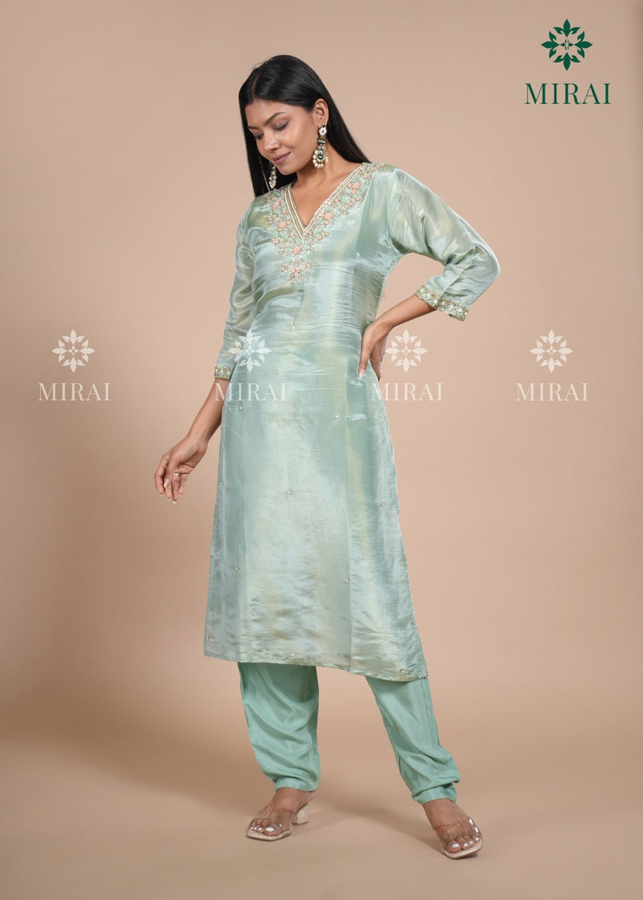 3-Piece Set Tissue Silk With Handwork And Banarasi Dupatta-Sea Green