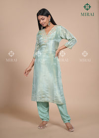 3-Piece Set Tissue Silk With Handwork And Banarasi Dupatta-Sea Green