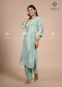 3-Piece Set Tissue Silk With Handwork And Banarasi Dupatta-Sea Green