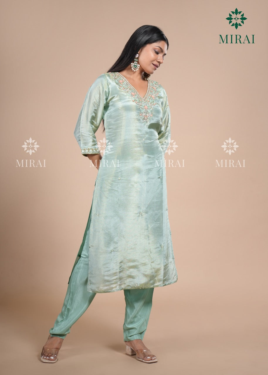 3-Piece Set Tissue Silk With Handwork And Banarasi Dupatta-Sea Green