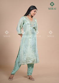 3-Piece Set Tissue Silk With Handwork And Banarasi Dupatta-Sea Green