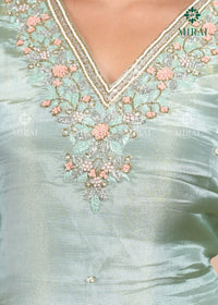 3-Piece Set Tissue Silk With Handwork And Banarasi Dupatta-Sea Green
