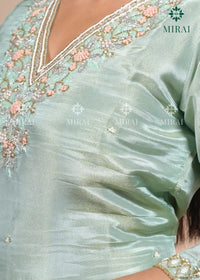 3-Piece Set Tissue Silk With Handwork And Banarasi Dupatta-Sea Green