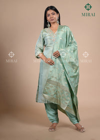 3-Piece Set Tissue Silk With Handwork And Banarasi Dupatta-Sea Green