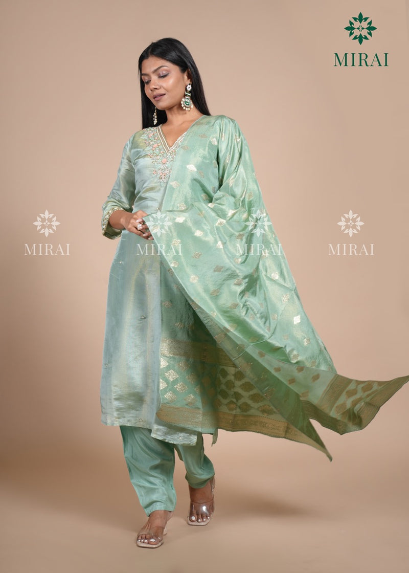3-Piece Set Tissue Silk With Handwork And Banarasi Dupatta-Sea Green