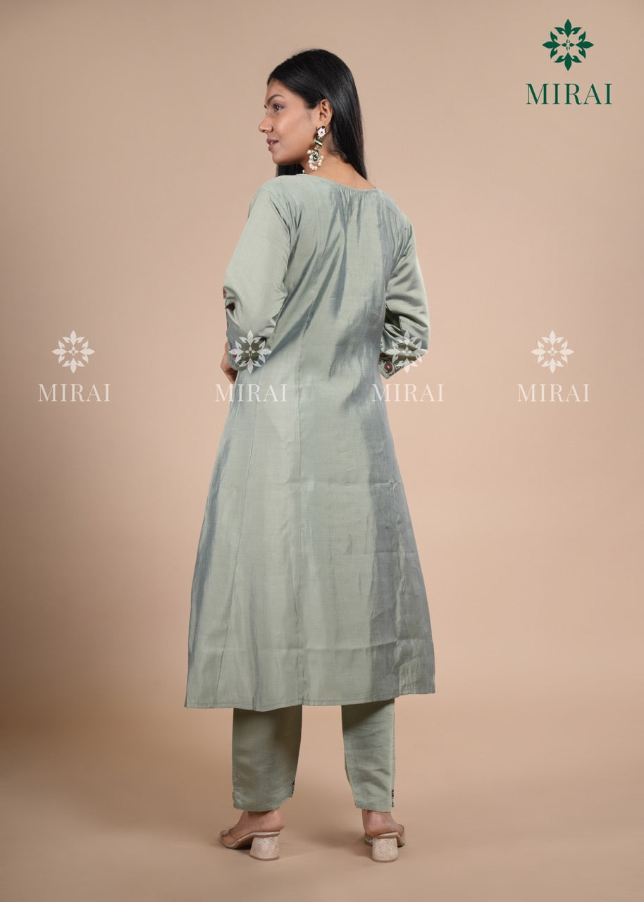 3-Piece Semi Chanderi Set With Beadwork And Block Print-Sage Green