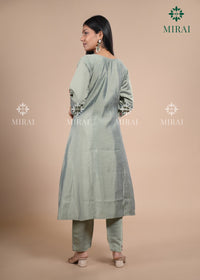 3-Piece Semi Chanderi Set With Beadwork And Block Print-Sage Green