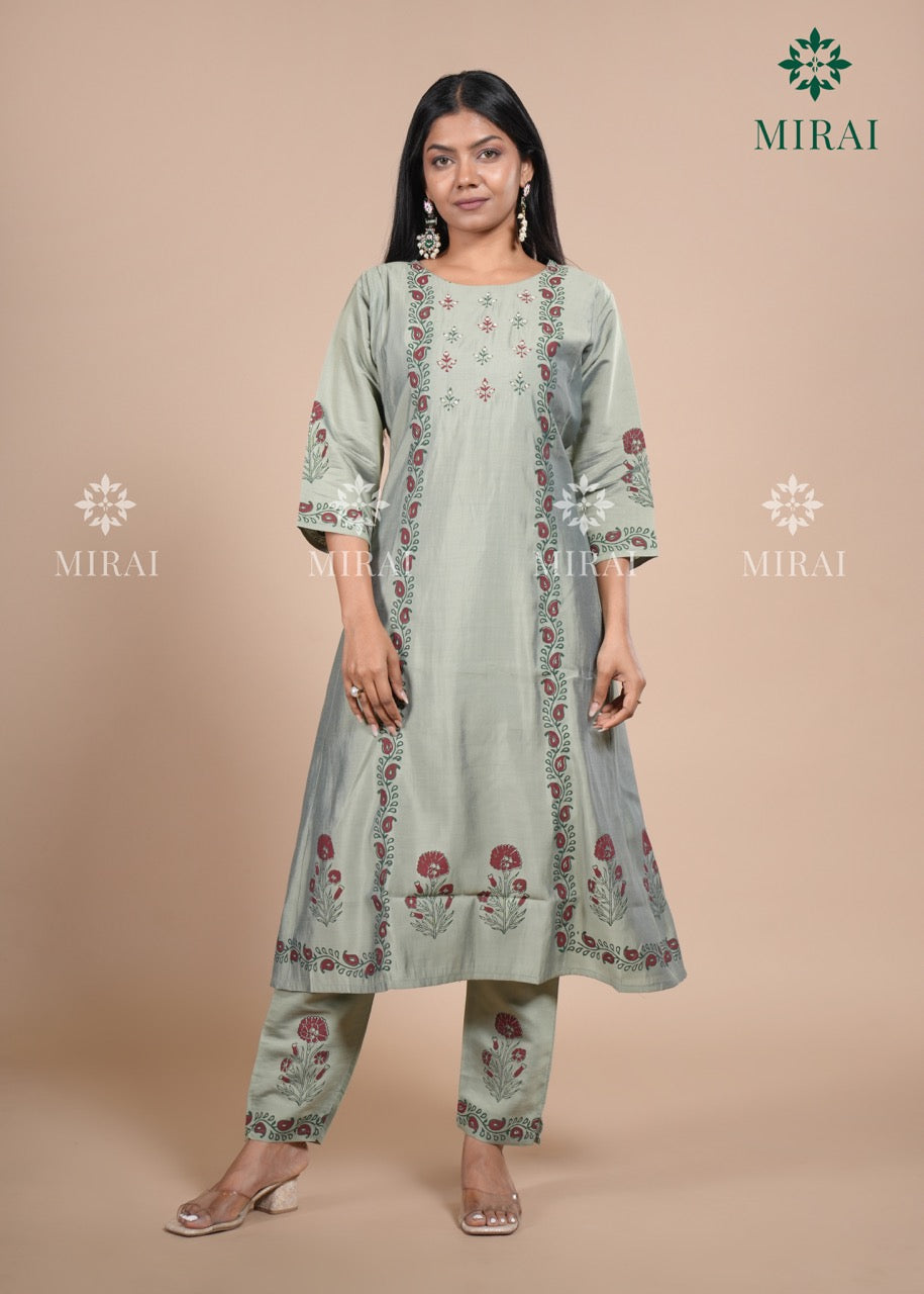 3-Piece Semi Chanderi Set With Beadwork And Block Print-Sage Green