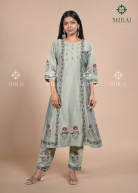 3-Piece Semi Chanderi Set With Beadwork And Block Print-Sage Green